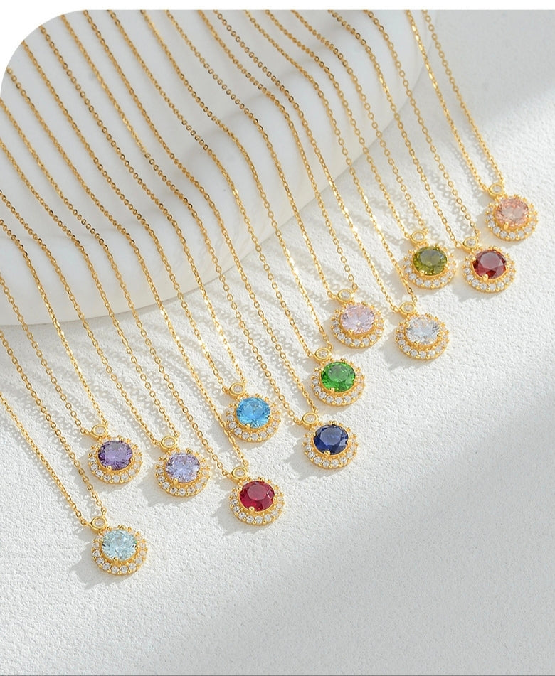 18K Golden Plated 925 Sterling silver Birthstone Pendant Necklaces, Anniversary birthday Jewelry gift for Wife Mom Daughter 16＂+ 2＂